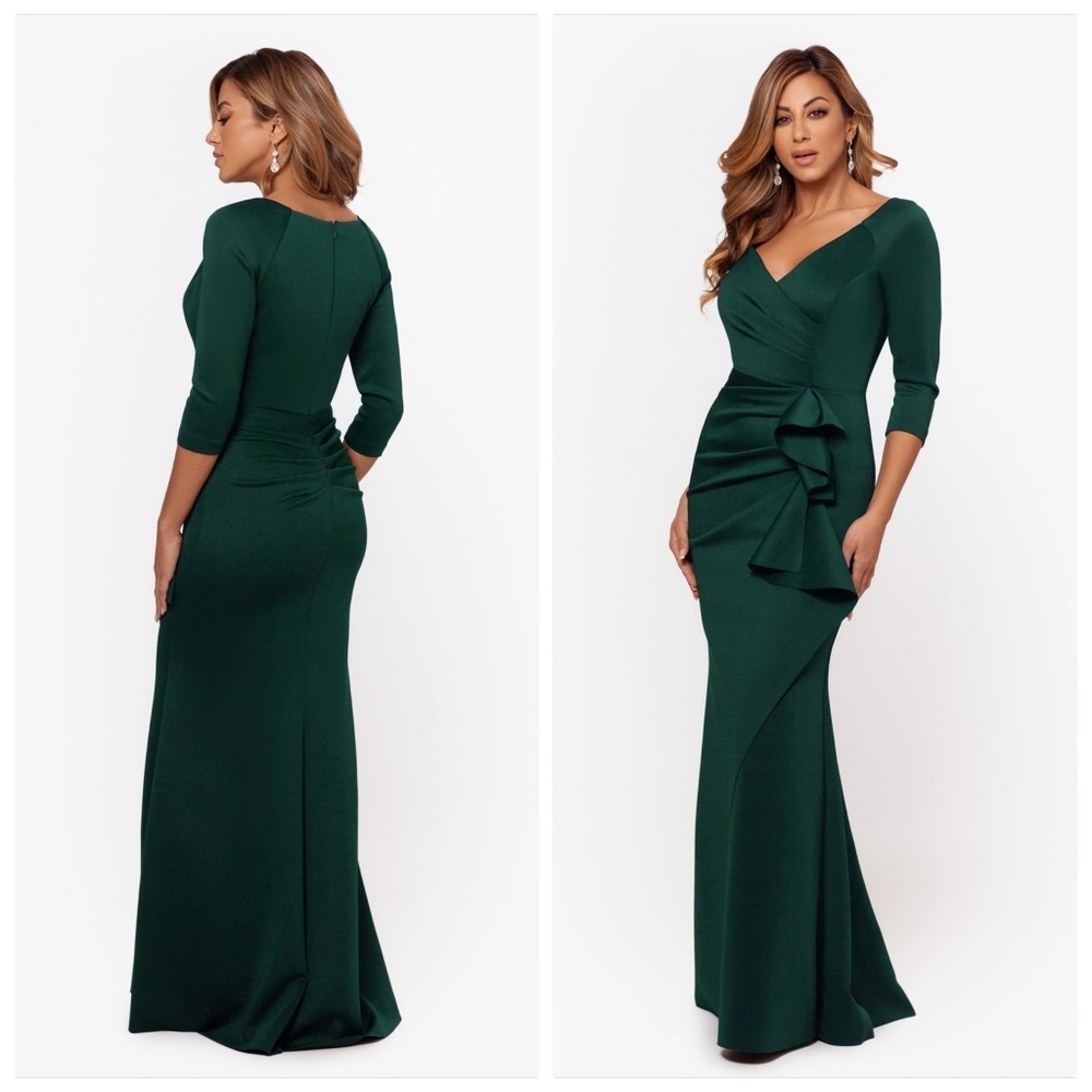 NWT‎ Xscape Lexi Long Sleeve Scuba Crepe Ruched Side Dress 4452X Hunter Green